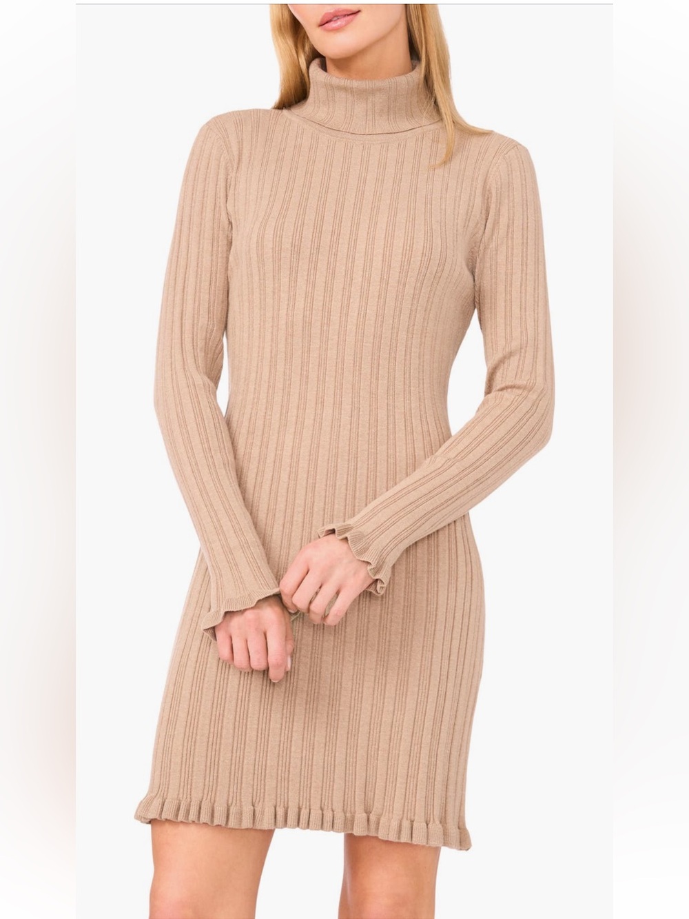 CeCe Long Sleeve Rib Turtleneck Sweater Minidress in Camel Tan Preppy Minimalist - Picture 6 of 12